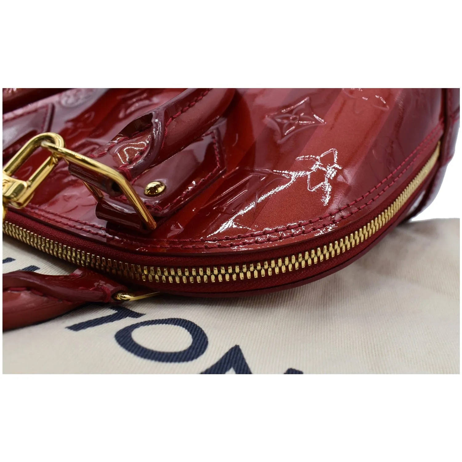 LOUIS VUITTON Rayures Alma BB Vernis Leather Satchel Crossbody Bag Pomme D'Amour