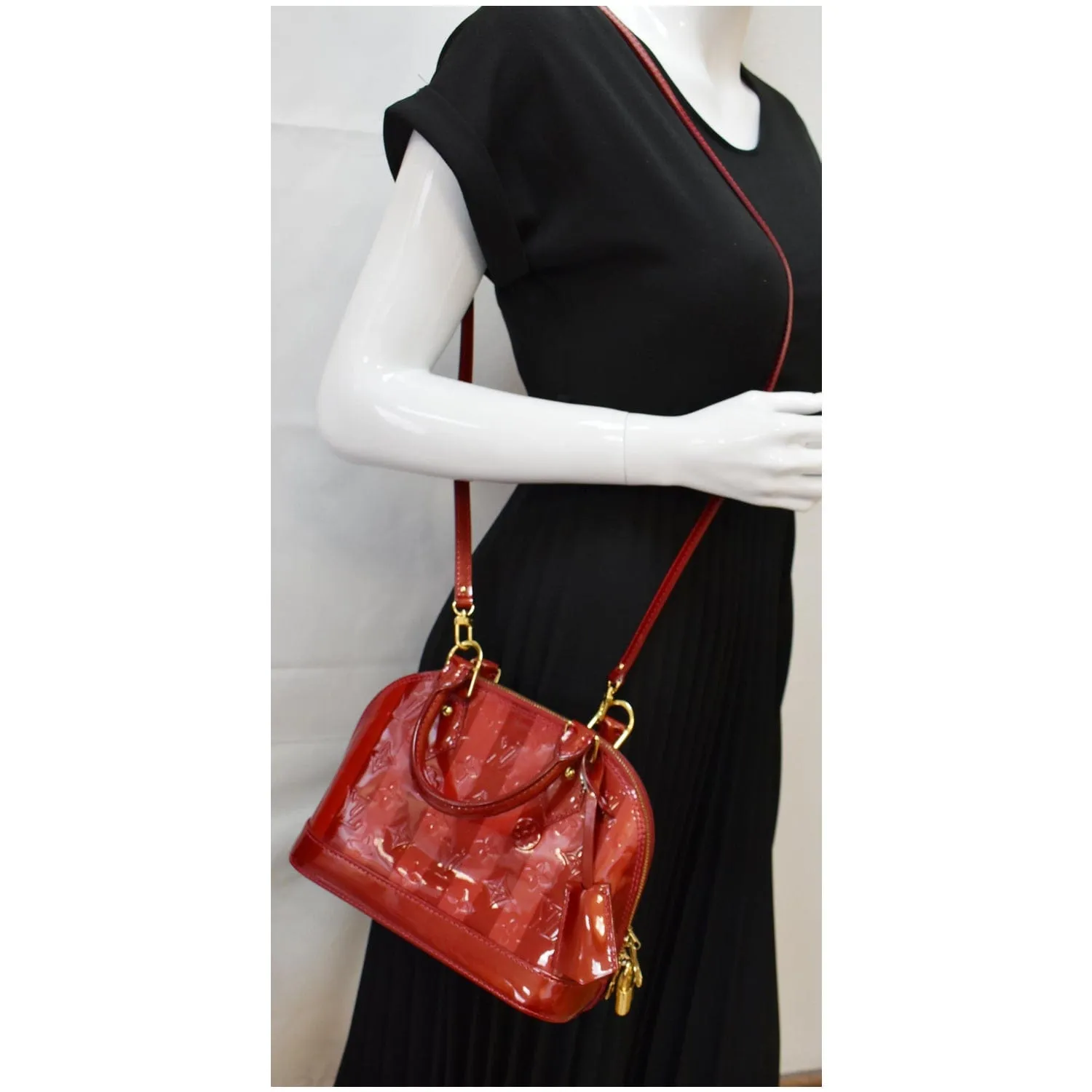 LOUIS VUITTON Rayures Alma BB Vernis Leather Satchel Crossbody Bag Pomme D'Amour
