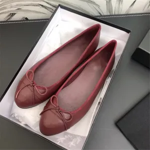 Luxury Brands Women's Shoes Comfort Round Toe Caviar Leather Women's Flats Butterfly-knot Bowtie Casual Shoes Ballet Flats 34-42
