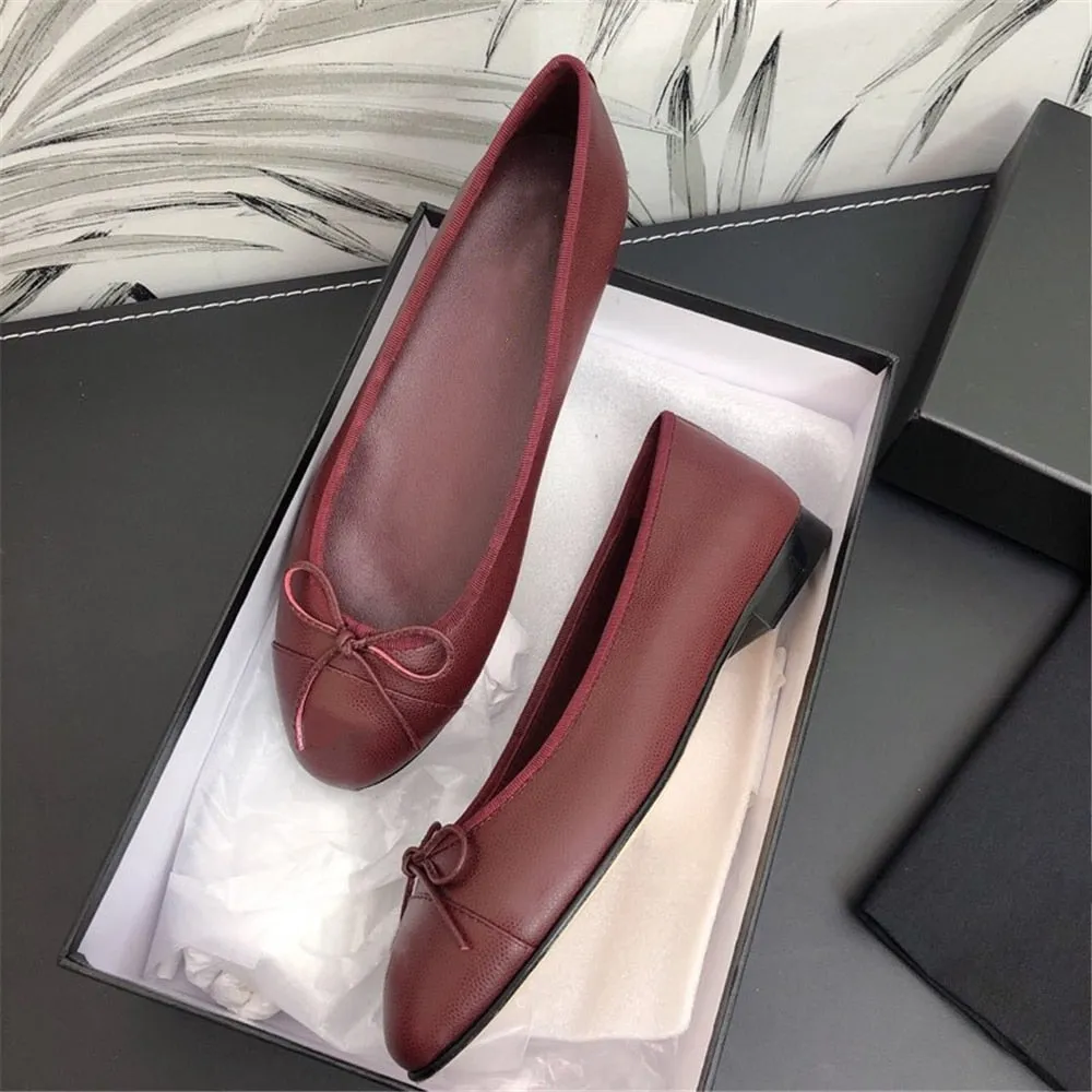 Luxury Brands Women's Shoes Comfort Round Toe Caviar Leather Women's Flats Butterfly-knot Bowtie Casual Shoes Ballet Flats 34-42