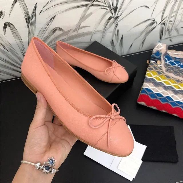 Luxury Brands Women's Shoes Comfort Round Toe Caviar Leather Women's Flats Butterfly-knot Bowtie Casual Shoes Ballet Flats 34-42