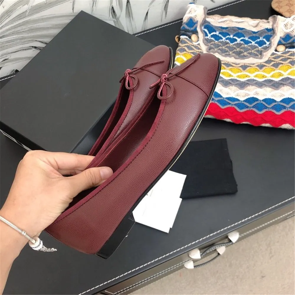 Luxury Brands Women's Shoes Comfort Round Toe Caviar Leather Women's Flats Butterfly-knot Bowtie Casual Shoes Ballet Flats 34-42