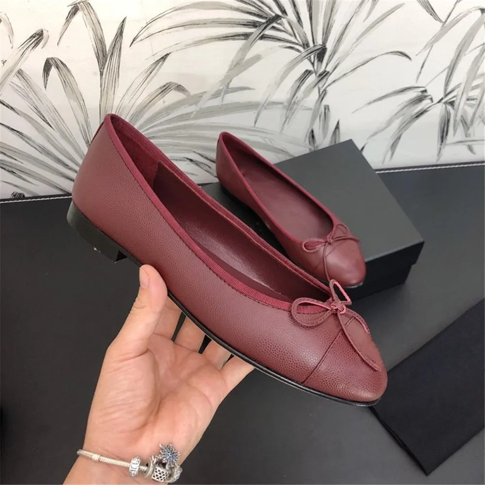 Luxury Brands Women's Shoes Comfort Round Toe Caviar Leather Women's Flats Butterfly-knot Bowtie Casual Shoes Ballet Flats 34-42