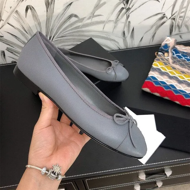 Luxury Brands Women's Shoes Comfort Round Toe Caviar Leather Women's Flats Butterfly-knot Bowtie Casual Shoes Ballet Flats 34-42