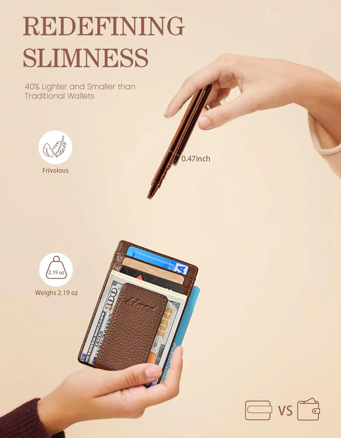 Money Clip for Men Front Pocket Wallet, Leather RFID Blocking Strong Magnet Wallet Brown