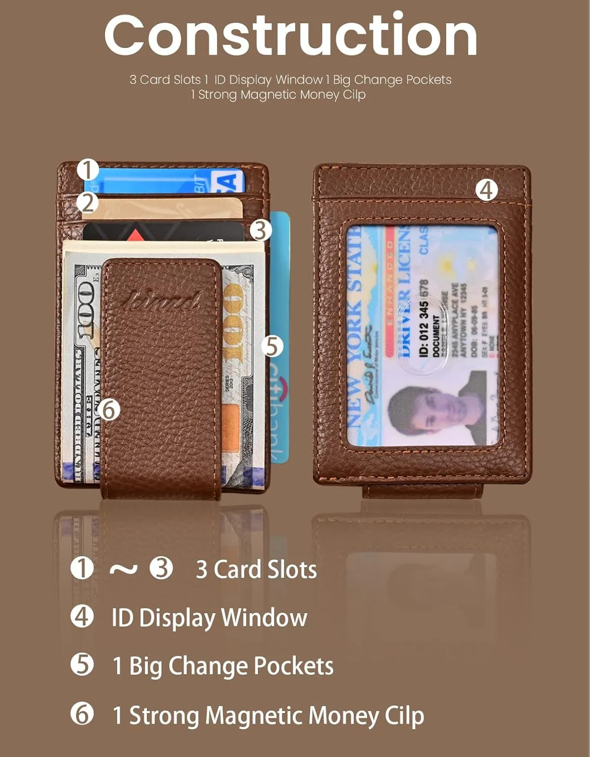 Money Clip for Men Front Pocket Wallet, Leather RFID Blocking Strong Magnet Wallet Brown