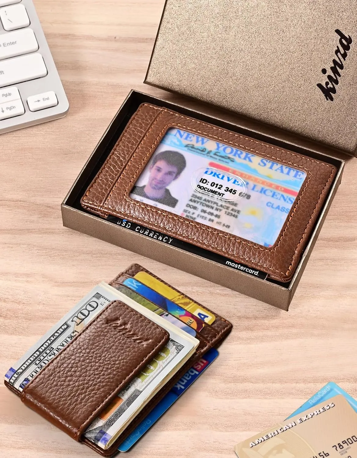 Money Clip for Men Front Pocket Wallet, Leather RFID Blocking Strong Magnet Wallet Brown