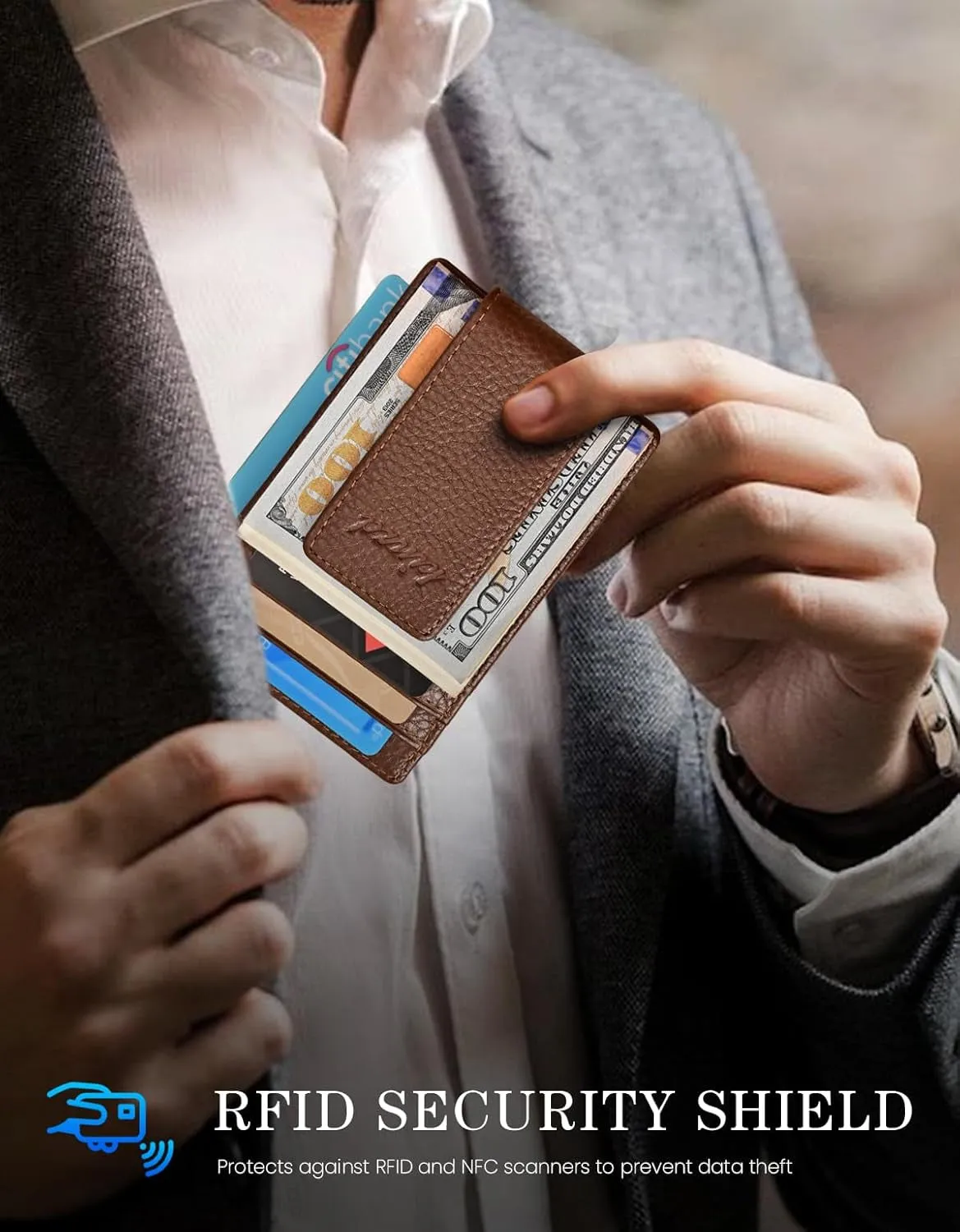 Money Clip for Men Front Pocket Wallet, Leather RFID Blocking Strong Magnet Wallet Brown