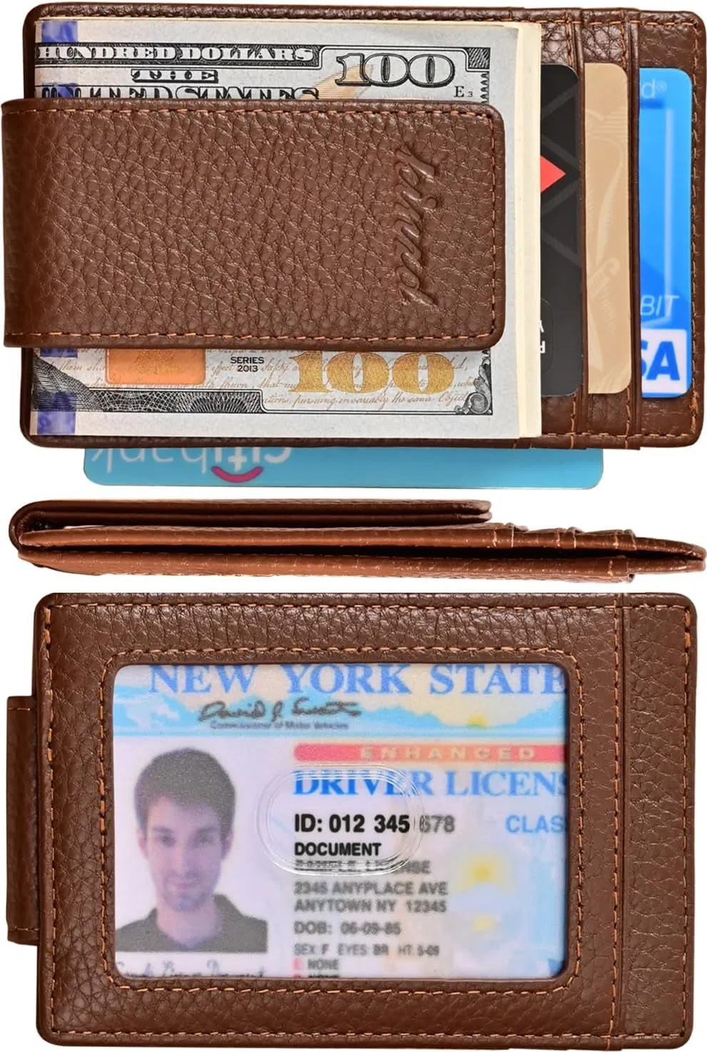 Money Clip for Men Front Pocket Wallet, Leather RFID Blocking Strong Magnet Wallet Brown