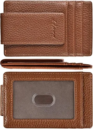 Money Clip for Men Front Pocket Wallet, Leather RFID Blocking Strong Magnet Wallet Brown