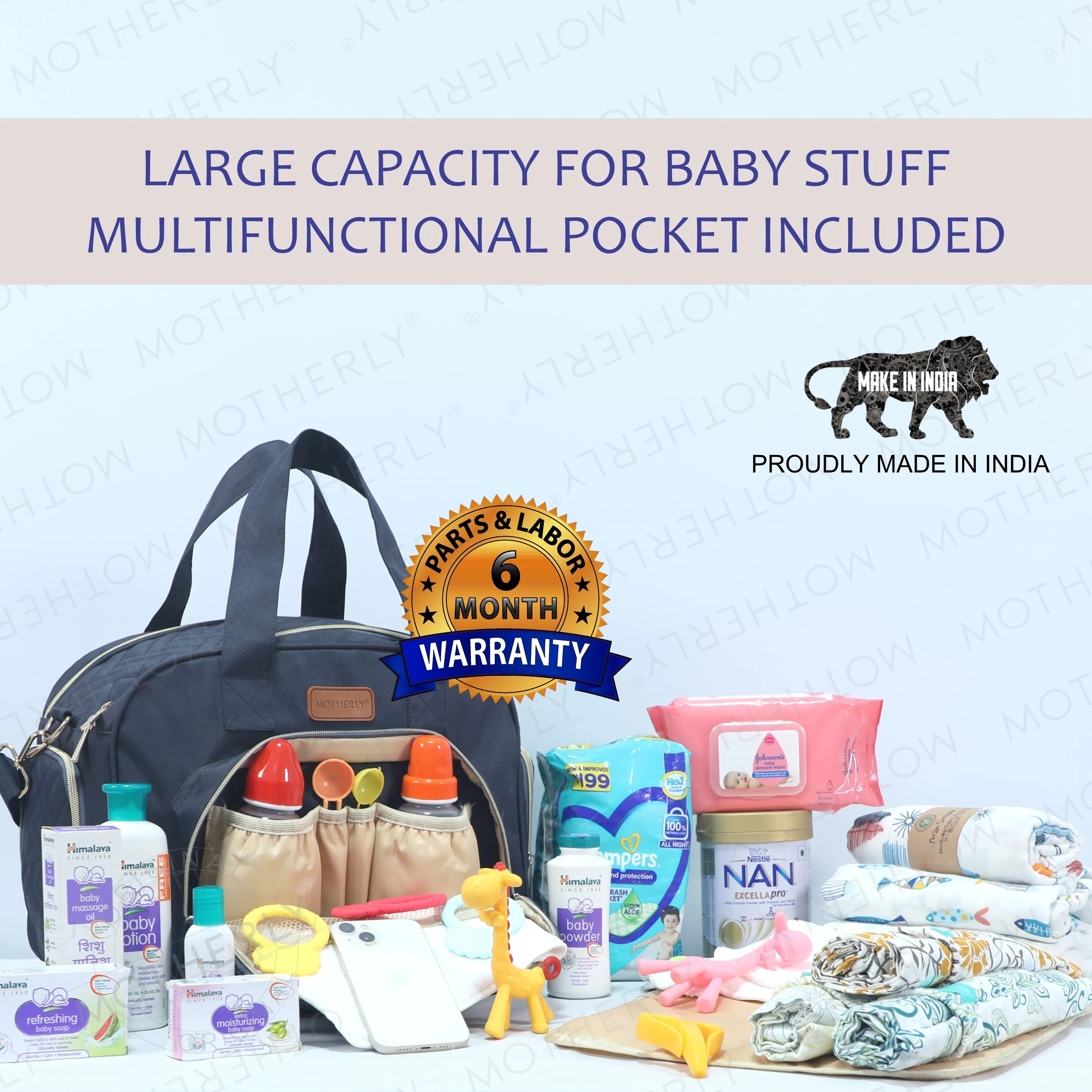 Motherly Diaper Quilted Diaper Bag for Mothers for Travel with Changing Mat - Spacious Diaper Bags for Mom | Baby Bag with Multi-Pocket Design | Maternity Bags for Mother and Baby (Navy Blue)