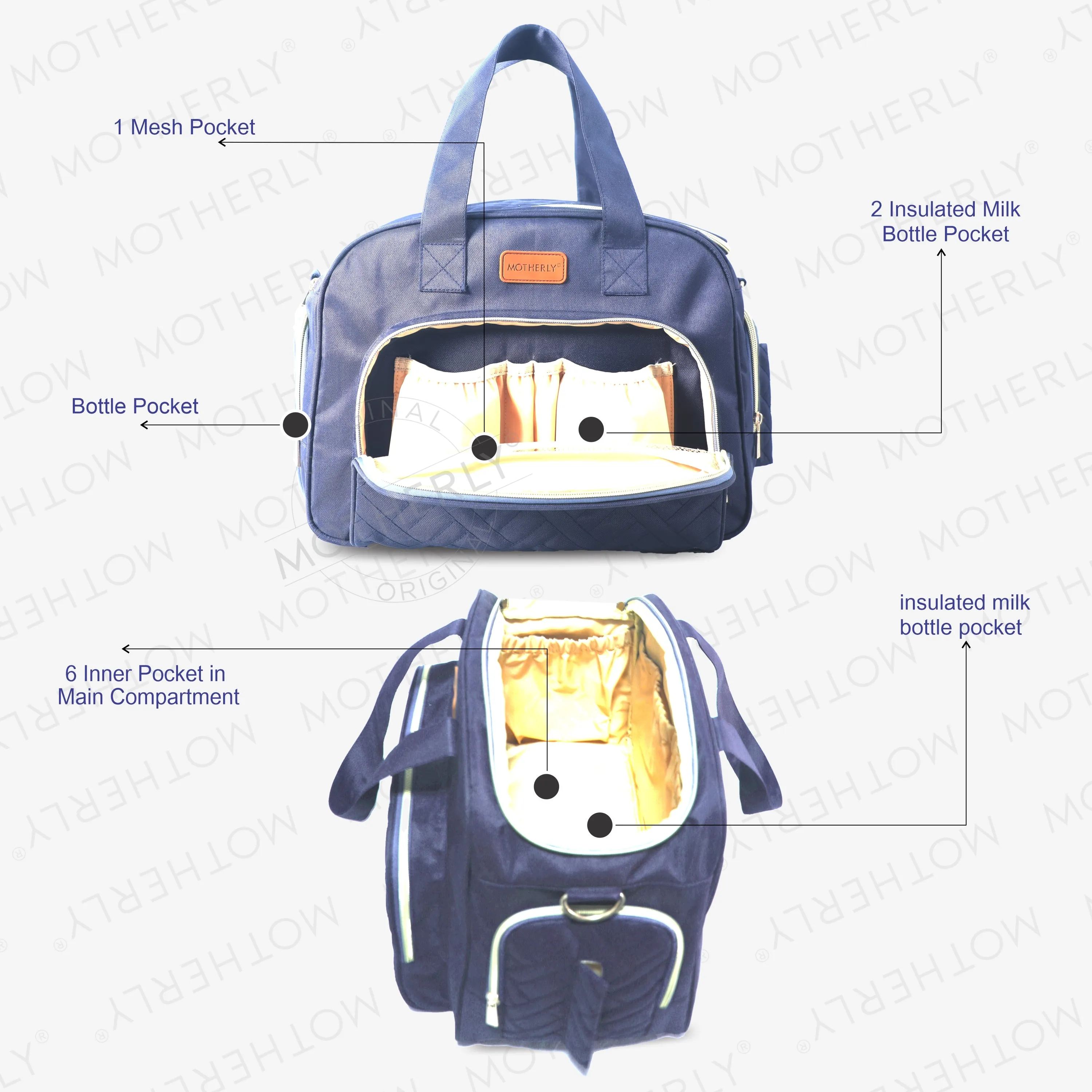 Motherly Diaper Quilted Diaper Bag for Mothers for Travel with Changing Mat - Spacious Diaper Bags for Mom | Baby Bag with Multi-Pocket Design | Maternity Bags for Mother and Baby (Navy Blue)