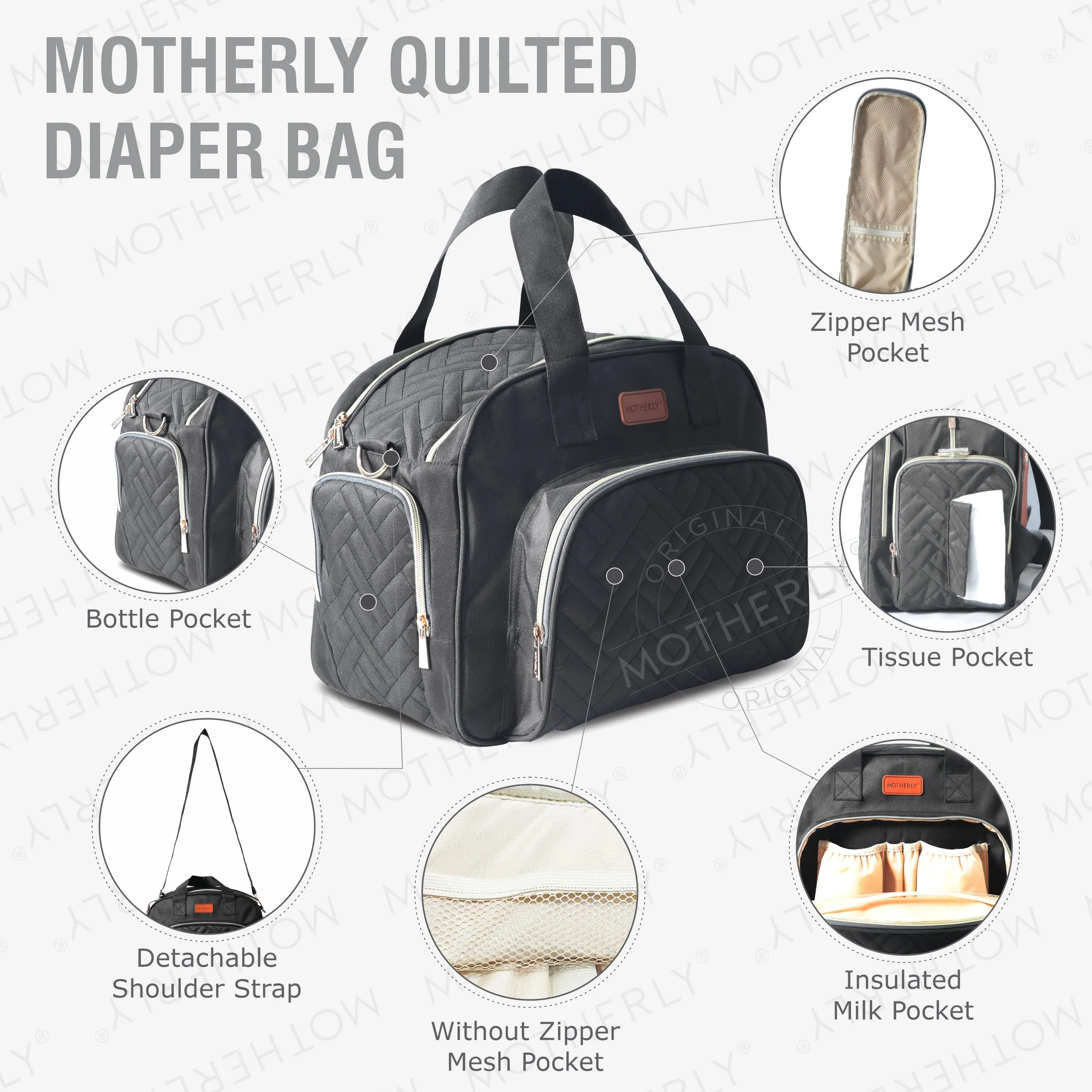 Motherly Diaper Quilted Diaper Bag for Mothers for Travel with Changing Mat - Spacious Diaper Bags for Mom | Baby Bag with Multi-Pocket Design | Maternity Bags for Mother and Baby (Navy Blue)