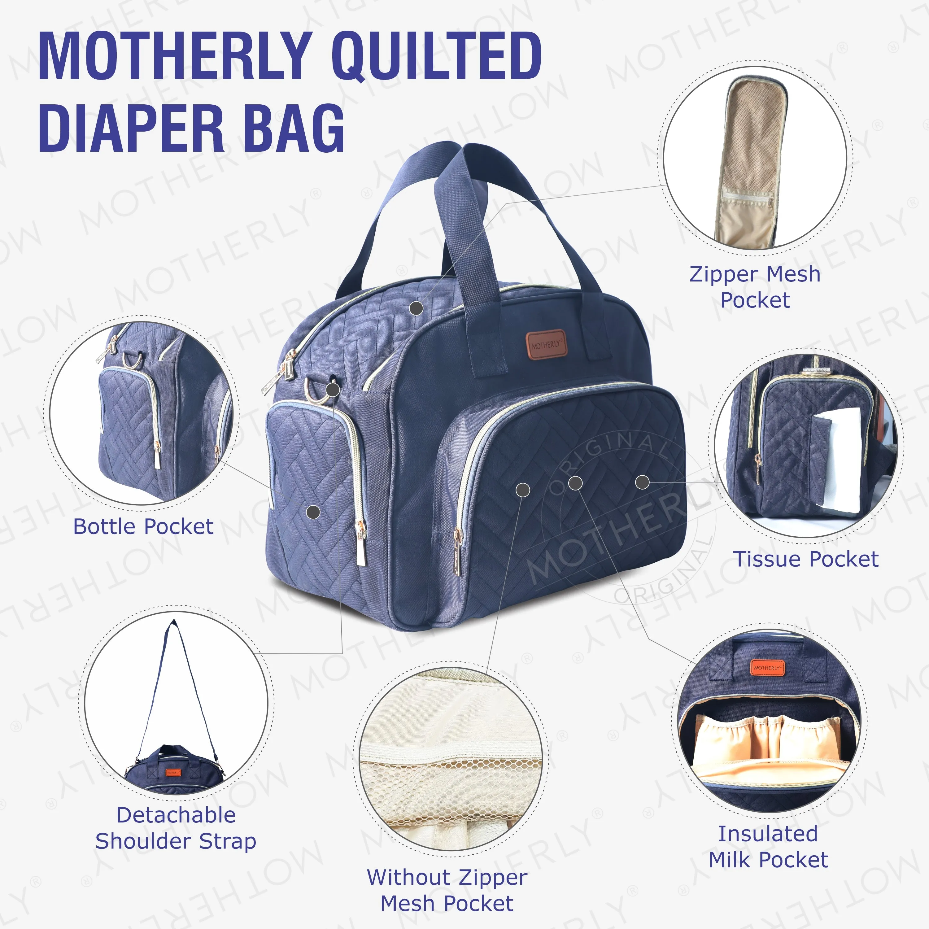 Motherly Diaper Quilted Diaper Bag for Mothers for Travel with Changing Mat - Spacious Diaper Bags for Mom | Baby Bag with Multi-Pocket Design | Maternity Bags for Mother and Baby (Navy Blue)