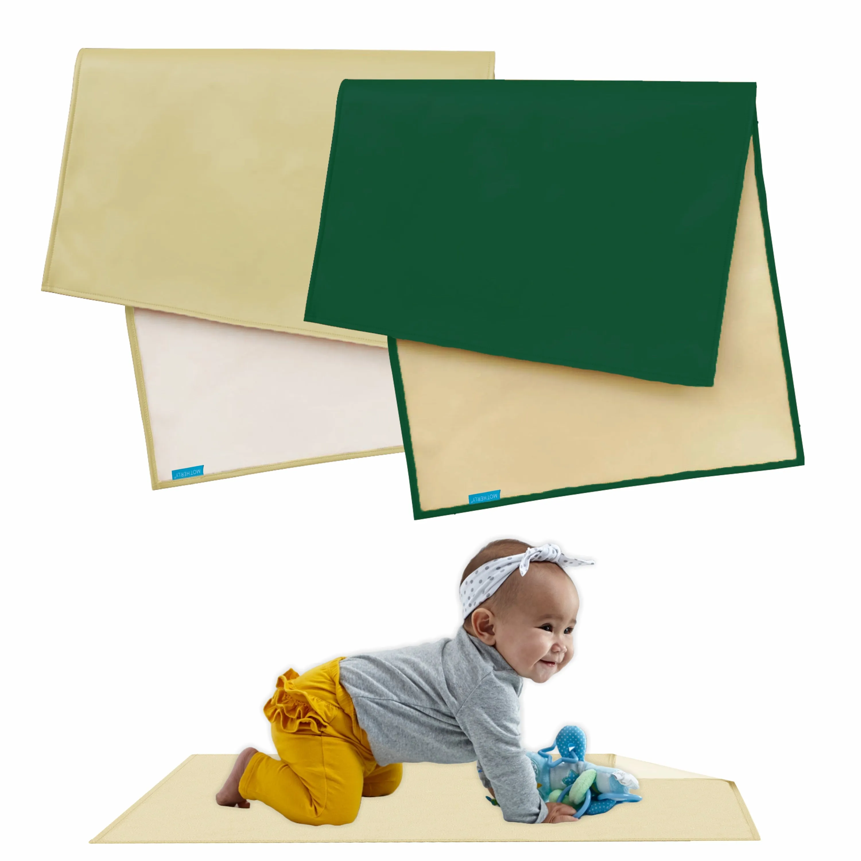 Motherly Premium Baby Mat Combo for Diaper Change and Oil Massage, Diaper Changing Mat & Massage Mat, Reusable Portable Changing Pad, Bed Protector Sleeping Mattress for Boys & Girls (Green & Cream)