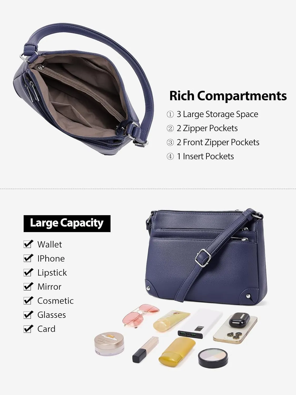 Multi Pocket Crossbody Bags for Women, Medium Size Shoulder Handbags with Zipper