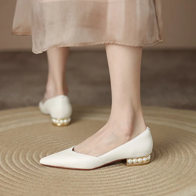 Off-White Beige Black Pearl-Embellished Heel Flats #001117