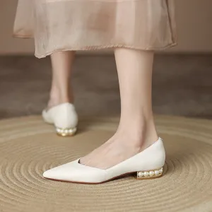 Off-White Beige Black Pearl-Embellished Heel Flats #001117