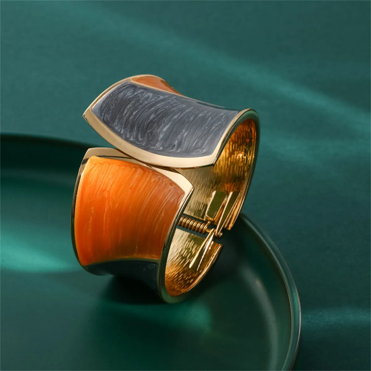 Orange & Gray Enamel 18K Gold-Plated Bangle