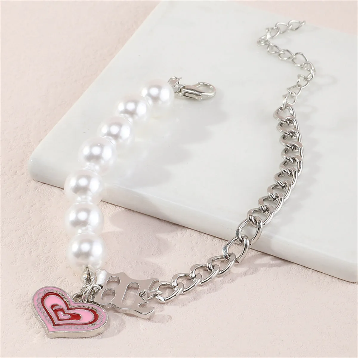 Pearl & Pink Enamel Silver-Plated Heart Charm Bracelet