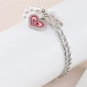Pearl & Pink Enamel Silver-Plated Heart Charm Bracelet