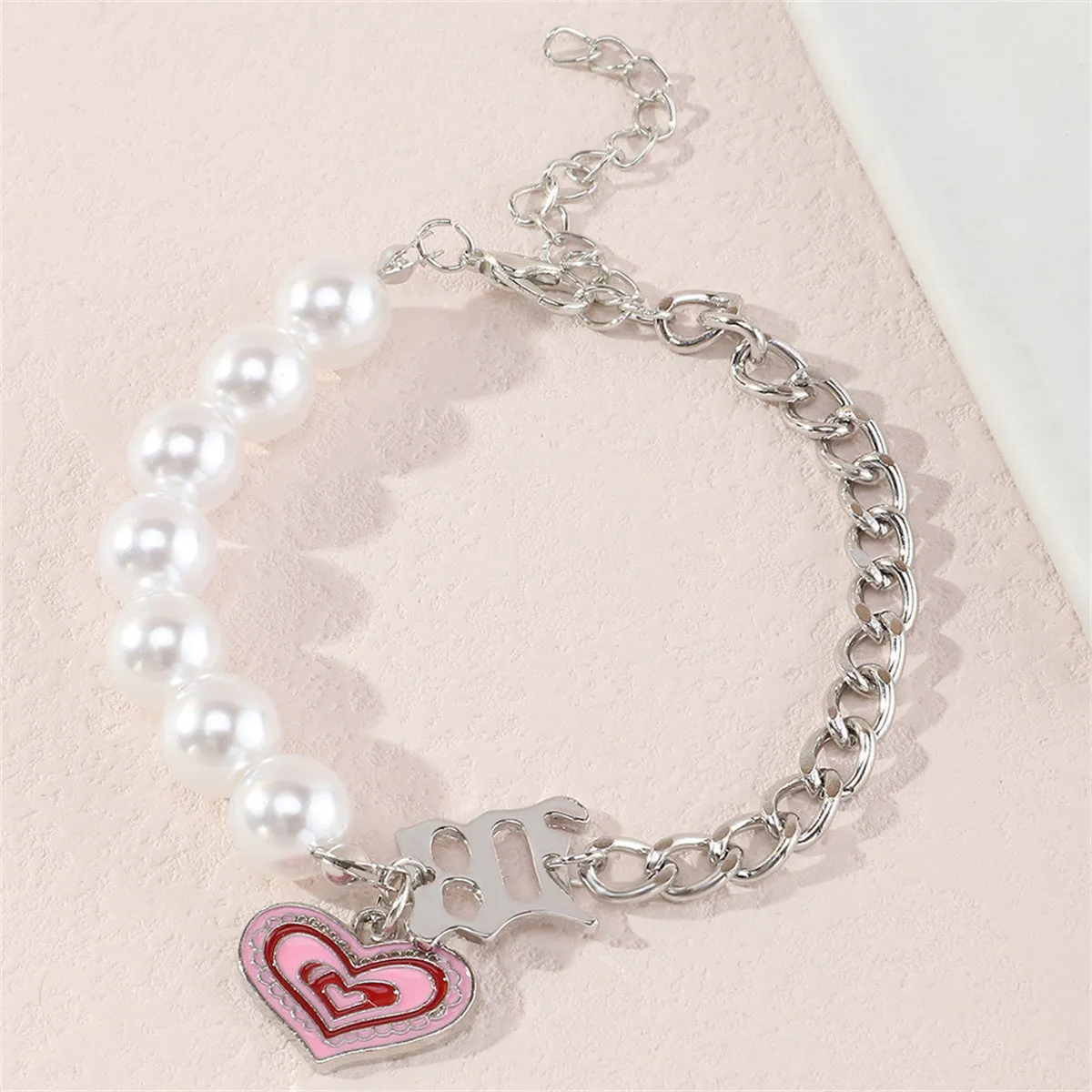 Pearl & Pink Enamel Silver-Plated Heart Charm Bracelet