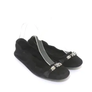 Pedro Garcia Ballet Flats Black Crystal-Embellished Suede Size 37