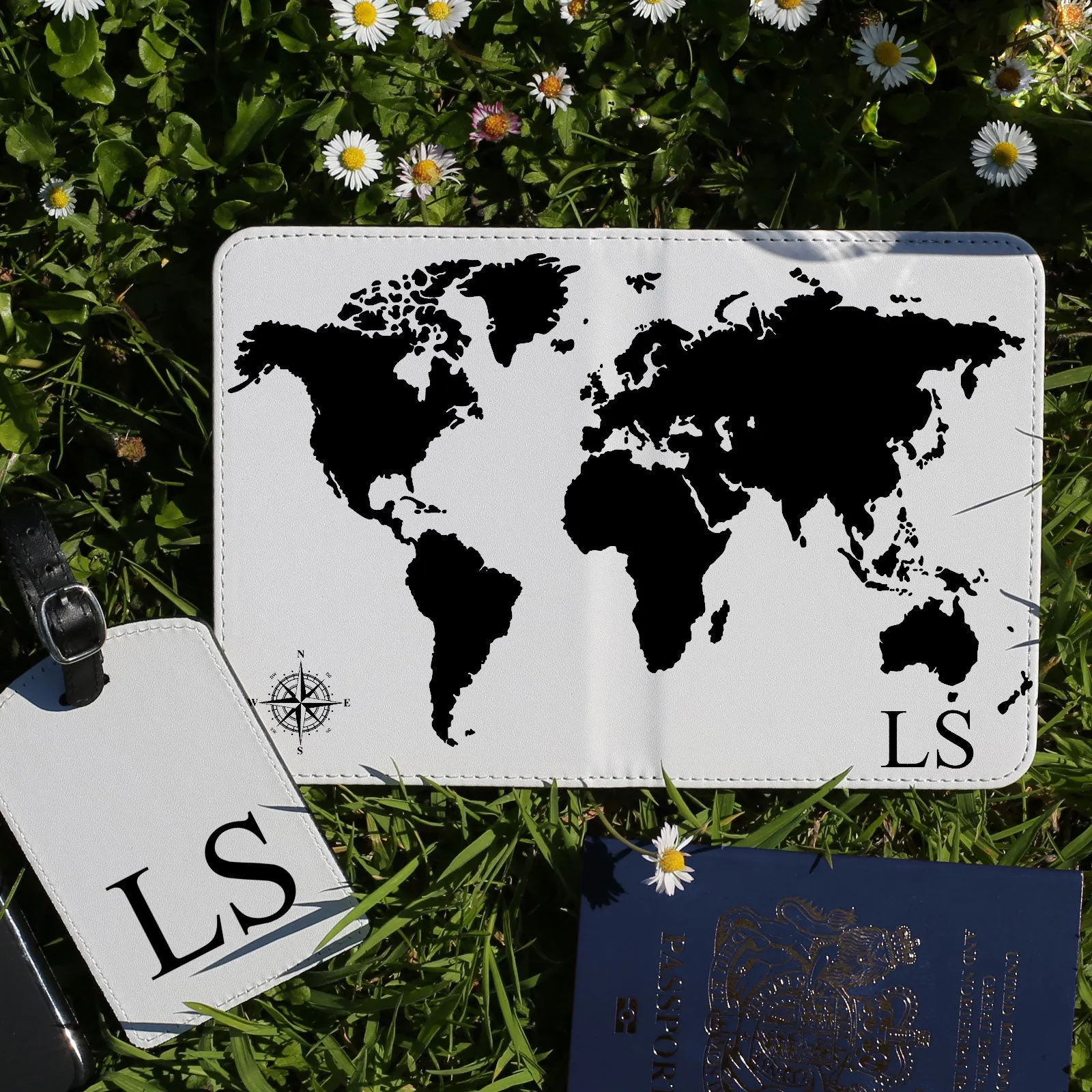 Personalised Passport Case & Tag with Black World Map & Text - White