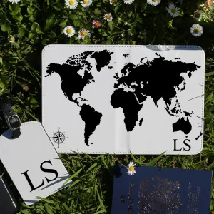 Personalised Passport Case & Tag with Black World Map & Text - White