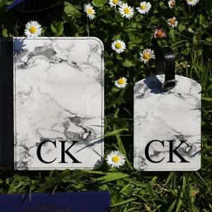 Personalised Passport Case & Tag with Grey Marble & Text - Half Print