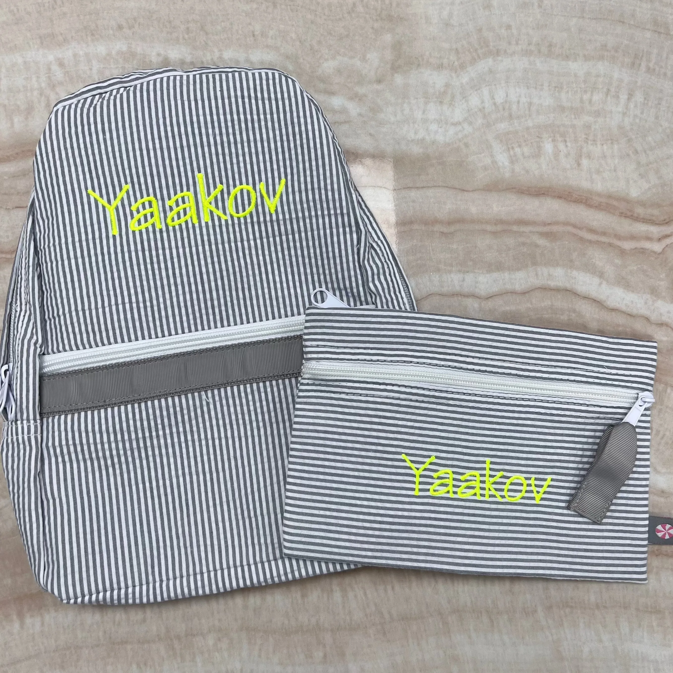 Personalized Seersucker Grey Large Backpack