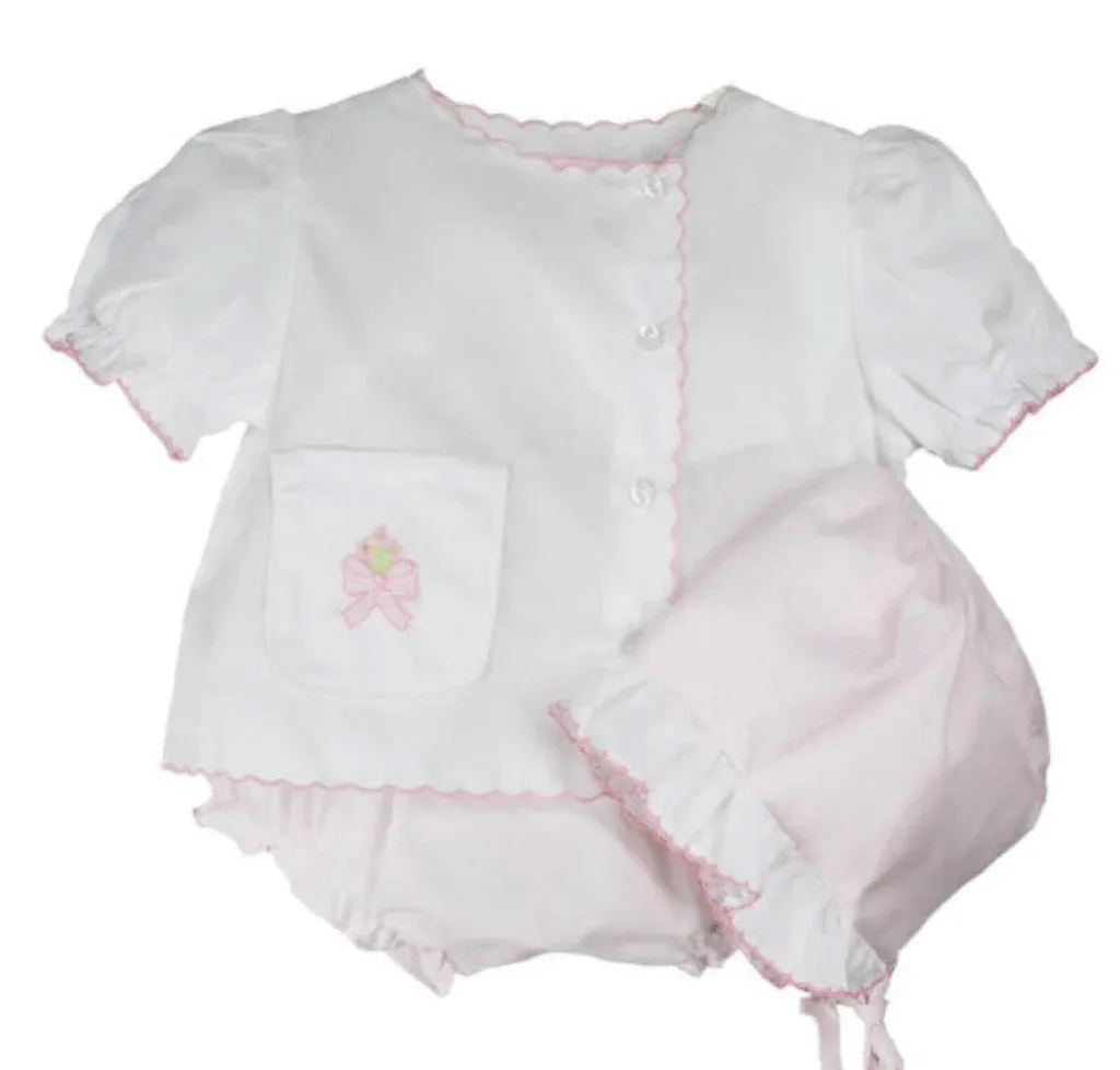 Petit Ami Baby Girls White & Pink Bow Diaper Set with Bonnet Newborn
