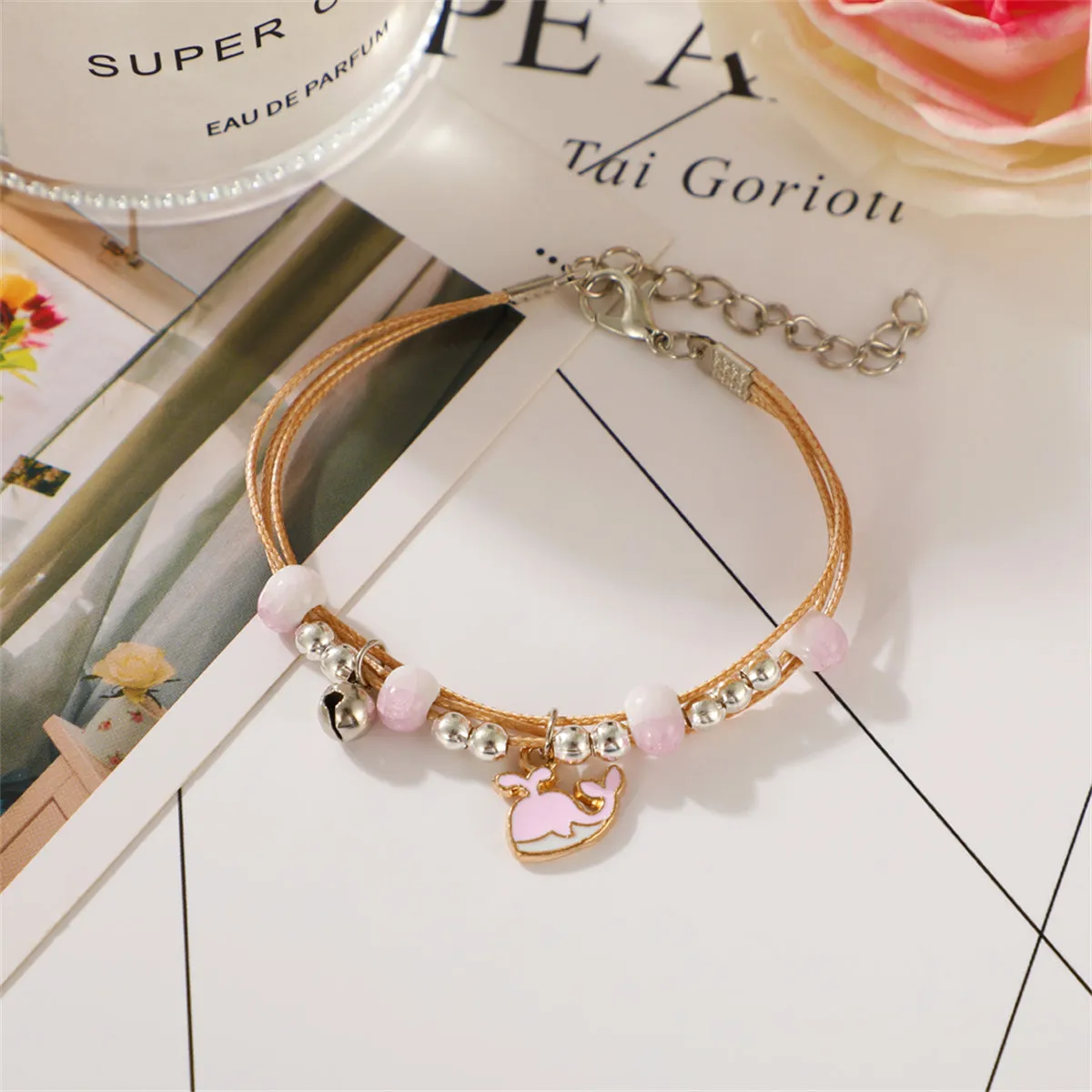 Pink Enamel & Two-Tone Whale Layered Charm Bracelet