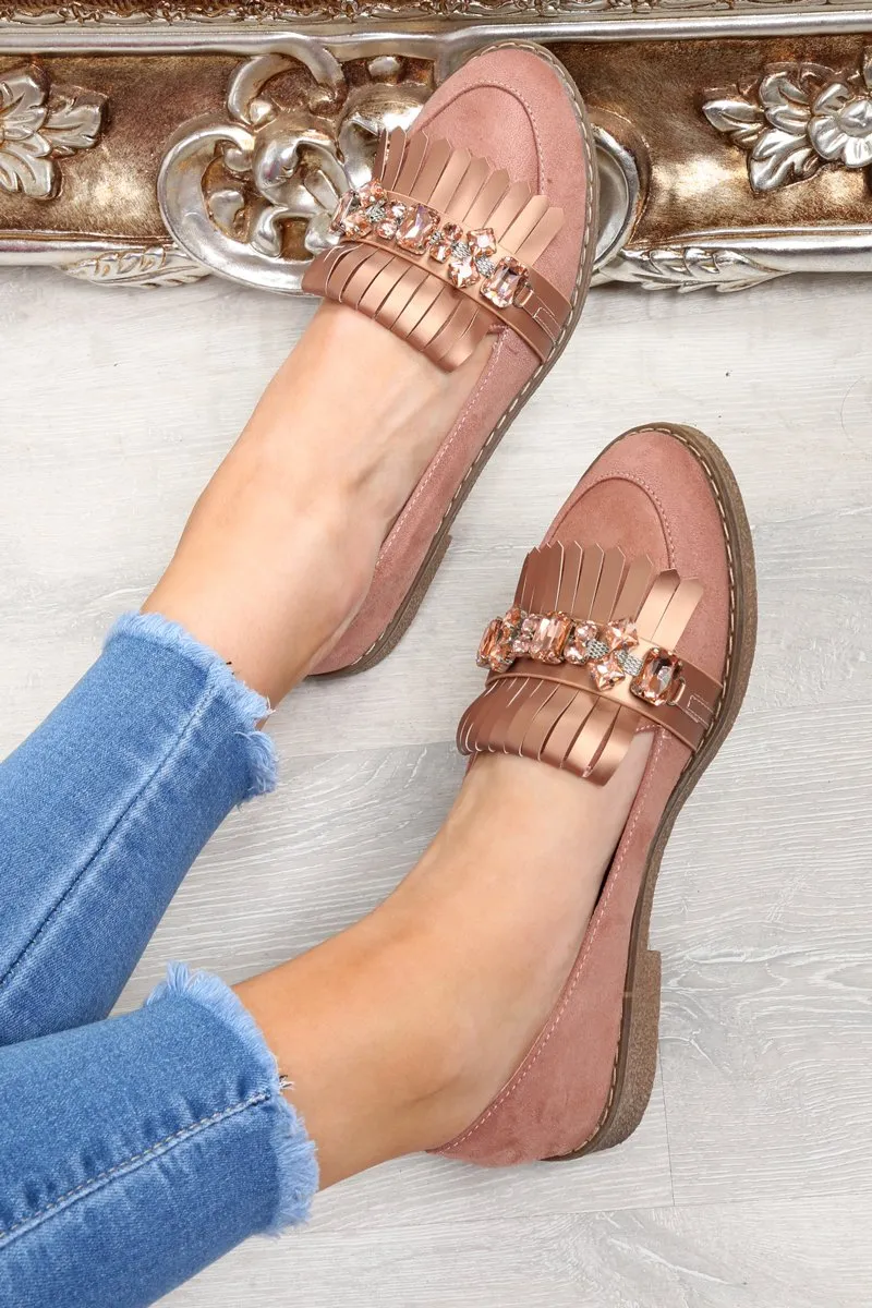 Pink Faux Suede Embellished Front Flats - Jelisa
