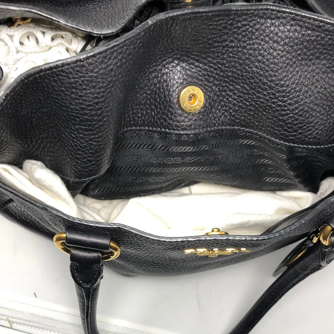 Prada Black Vitello Daino Satchel with Gold Hardware
