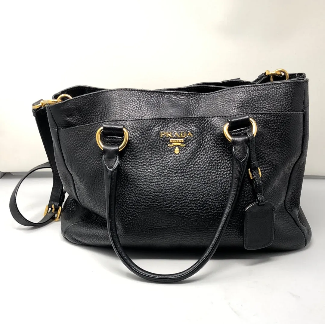 Prada Black Vitello Daino Satchel with Gold Hardware