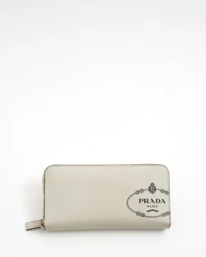 Prada White Leather Logo Zippy Wallet