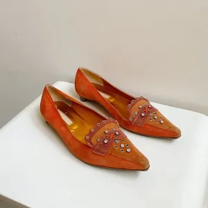 Pumpkin Suede Pointed Rhinestone Flats | size 8-8.5