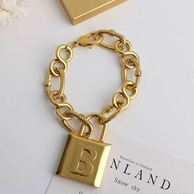 Punk Heavy Letter Lock Pendant Necklace for Women Jewelry set