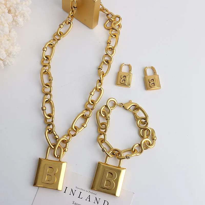 Punk Heavy Letter Lock Pendant Necklace for Women Jewelry set