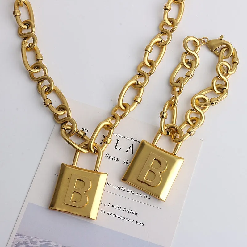 Punk Heavy Letter Lock Pendant Necklace for Women Jewelry set