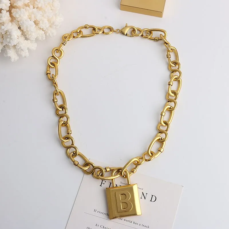 Punk Heavy Letter Lock Pendant Necklace for Women Jewelry set