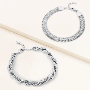 "Entwined" Set of Two Rope & Herringbone Chain Bracelets