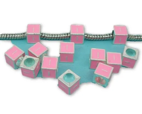"I" Letter Square Charm Beads Pink Enamel European Bead Compatible for Most European Snake Chain Charm Bracelet