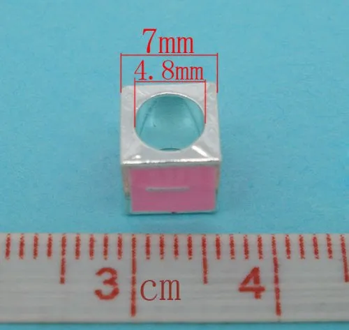 "I" Letter Square Charm Beads Pink Enamel European Bead Compatible for Most European Snake Chain Charm Bracelet