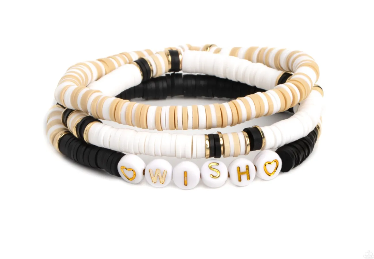 "Matriarchal Melody" Tan, Black and White Discs Featuring "WISH" Stretch Bracelets Set of 3
