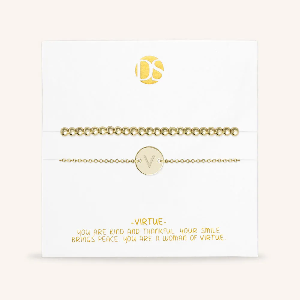 "One and Only" Set of Two Initial Disc & Stretch Polished Beads Layering Bracelets