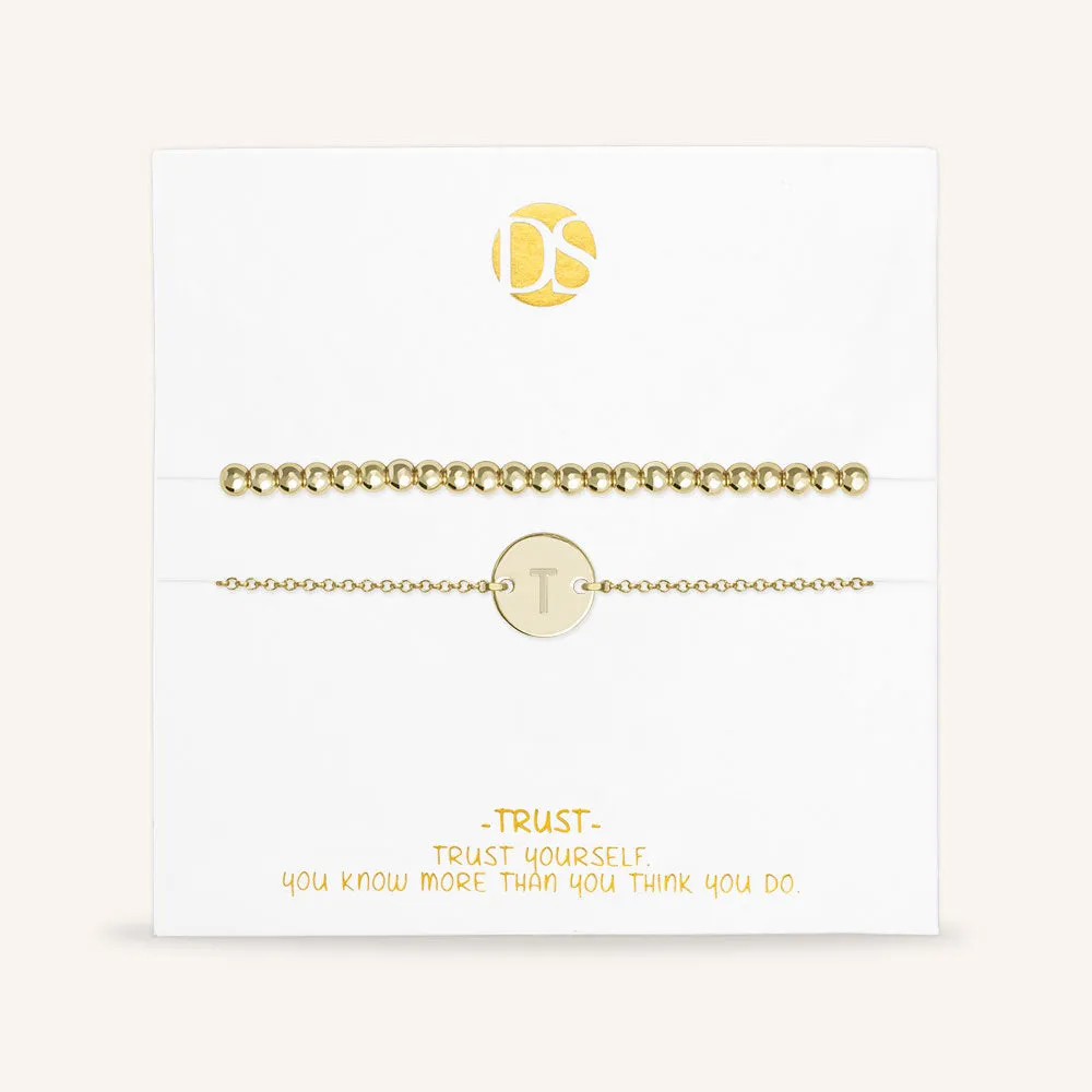 "One and Only" Set of Two Initial Disc & Stretch Polished Beads Layering Bracelets