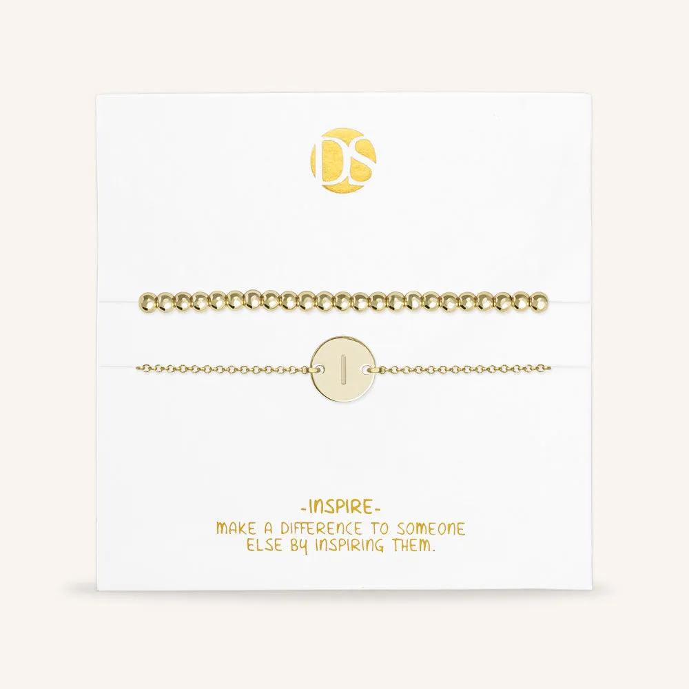 "One and Only" Set of Two Initial Disc & Stretch Polished Beads Layering Bracelets