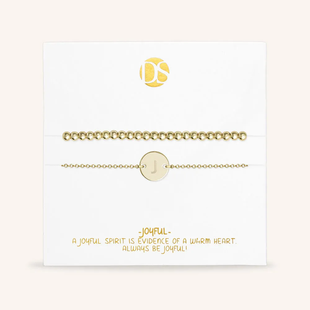 "One and Only" Set of Two Initial Disc & Stretch Polished Beads Layering Bracelets